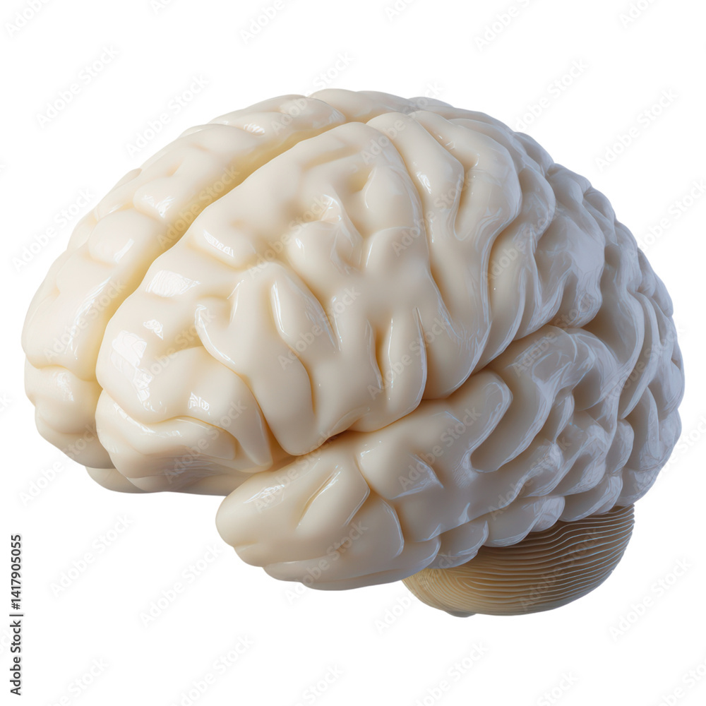 Poster realistic 3d model of human brain with detailed texture and shape, isolated on transparent backgroun