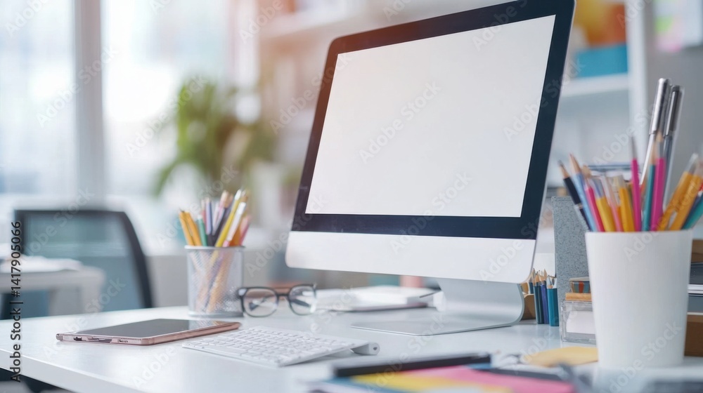 Poster a clean and organized desk setup with a modern computer, keyboard, and mouse, creating a focused and