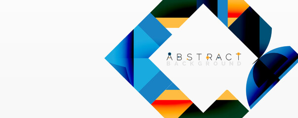 Geometric shapes create vibrant abstract background. Blue, yellow, green hues dominate design. Modern aesthetic.