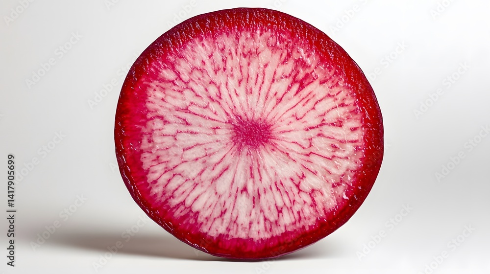 Poster close-up of a vibrant red radish slice, showcasing its intricate inner pattern and rich color agains