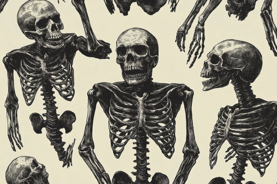 Group of skeletons in various poses, surrounded by eerie mist in abandoned graveyard at dusk.