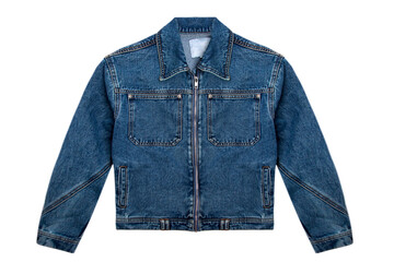 Denim jacket with zipper and big pockets isolated on white background