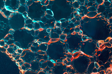 Abstract macro photo of oil bubbles in water with blue and orange light