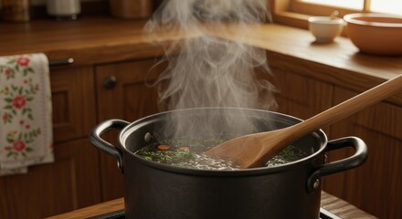 Steaming soup in a kitchen pot (Photo)