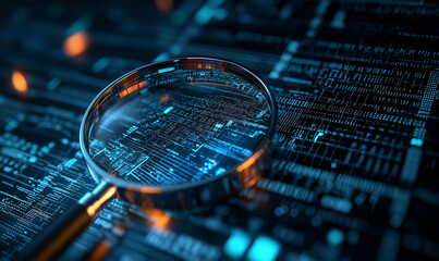 magnifying glass on binary code