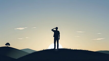 Silhouette Man Contemplating Sunset on Hilltop Landscape