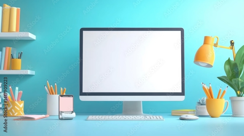 Poster minimalist and modern home office workspace with a large, blank-screen computer monitor and clean, o