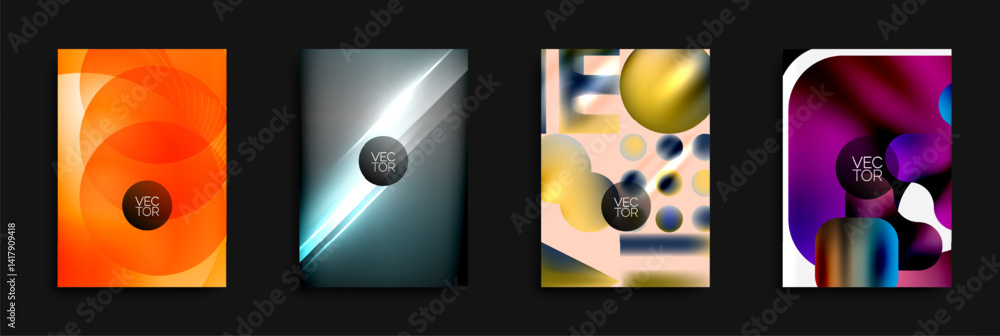 Poster four vibrant abstract designs. geometric shapes overlap, creating dynamic color blends. modern vecto