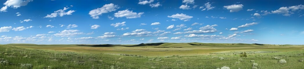 Wide panoramic view of grassy field under a bright blue sky with clouds