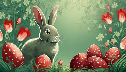 Illustration of an Easter bunny standing in the grass with decorated eggs