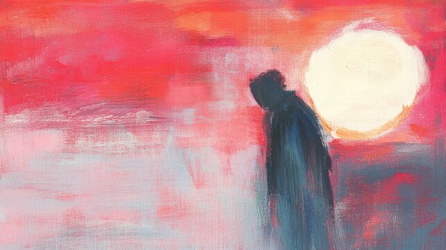 Lonely figure under a fiery sunset cloaked in shadow