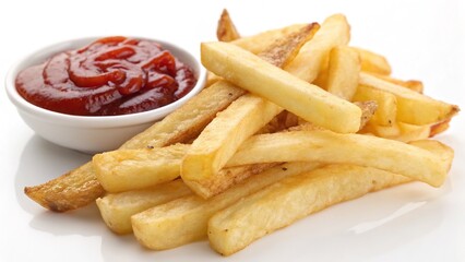 A tempting shot of crispy french fries served with a side of rich, red ketchup.