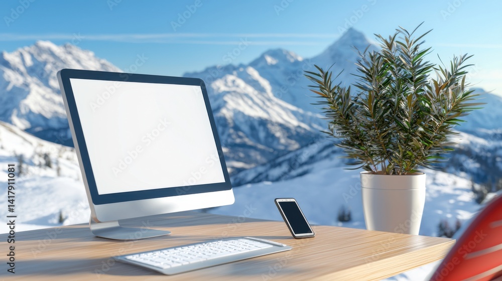 Poster a minimalist and contemporary home office workspace featuring a sleek desktop computer with a blank 