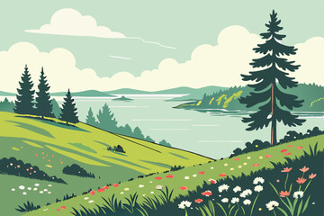 Fototapeta premium 71 Serene lakeside landscape, vibrant green meadow, colorful wildflowers, distant pine-covered islands, calm reflective water, fluffy white clouds, bright sky, stylized vector art, peaceful nature sce