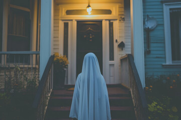 Naklejka premium Ghost standing on house steps at night, ethereal figure in flowing white gown, transparent pale hands reaching out, mysterious and eerie atmosphere.