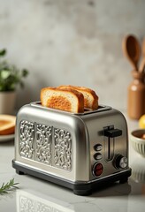 Electric toaster with ornate design toasting bread in clean kitchen  