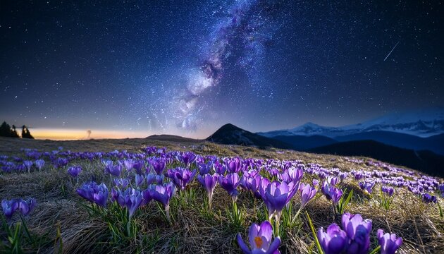 Many blooming purple crocuses on a meadow at night with milky way