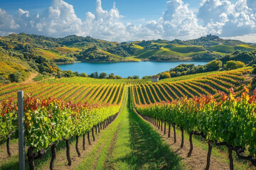 Fototapeta premium Vineyard in the Marlborough region; lush green rows of grapevines stretch towards distant rolling hills under a clear blue sky.