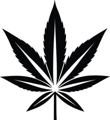 Cannabis leaf silhouette, Hemp leaf black outline, Sativa plant vector design, Herbal leaf flat illustration, Marijuana leaf graphic symbol