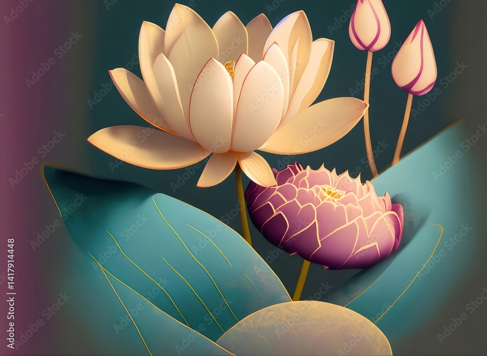 Poster 柔らかい光の中で咲く蓮の花のクローズアップ 自然な背景にピンクと白の花びら 優雅なグラデーションと繊細なディテール