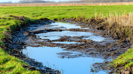 Obraz premium Muddy Puddle In Countryside Field