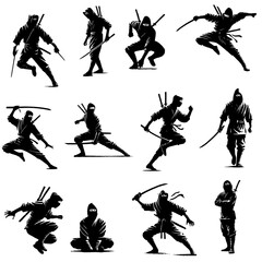 Ninja Silhouette Vector Set in Combat Poses © John