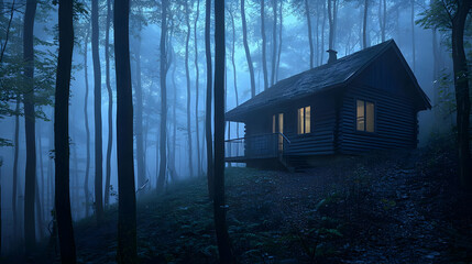 Obraz premium Pixel Art Cabin In Misty Forest At Night