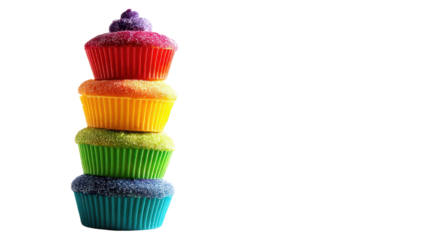 Vibrantly colored cupcakes stacked beautifully for dessert lovers. transparent background