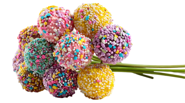 Colorful cake pops with sprinkles, arranged for a festive treat. transparent background