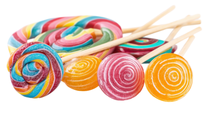 Colorful lollipops arranged artfully on a white background. transparent background