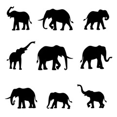 Elephants silhouettes, Set elephant silhouettes
