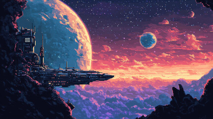 Pixel Art Space Landscape Spaceship at Sunset Over Purple and Orange Planets