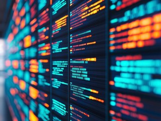 Vibrant Display Wall Featuring Glitchy Data Visuals and Text Elements