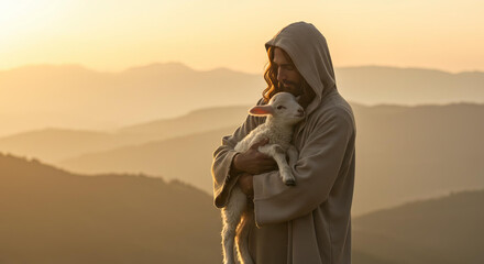 Shepherd Jesus Christ, Taking Care of One Missing Lamb. Warm Toned Soft Picture