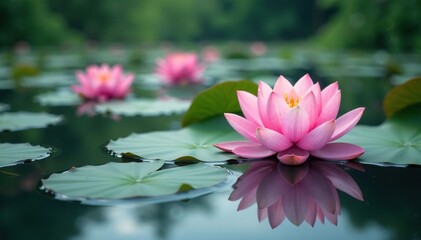 Obraz premium Delicate lotus flowers create a floral tapestry on calm lake water, wallpaper, serene
