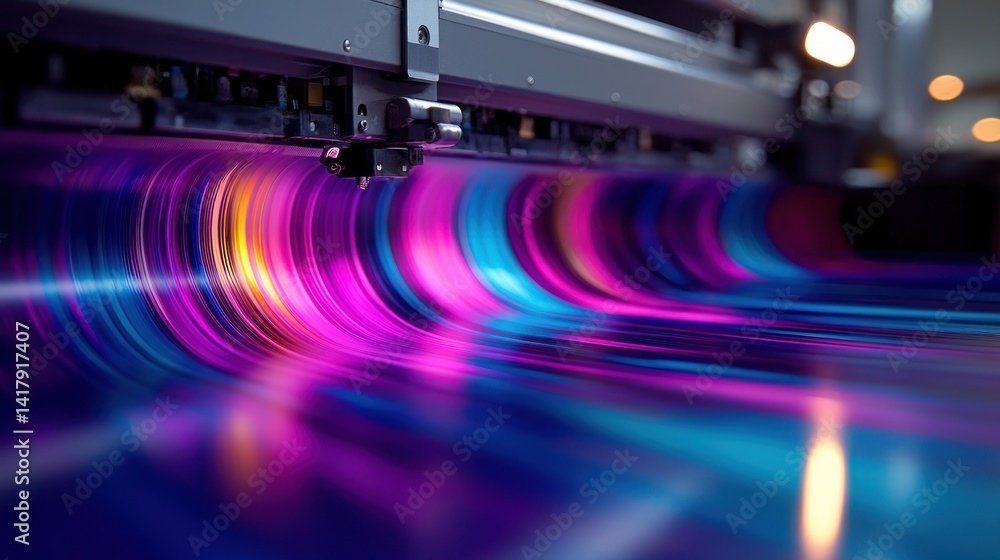 Poster vibrant printing process capturing colorful inks flowing on a printing press