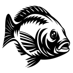 Detailed black and white illustration of a tilapia fish swimming gracefully