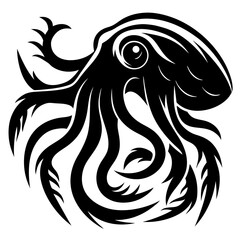 Abstract octopus illustration in black and white showcasing intricate tentacle design