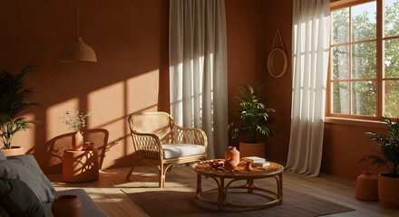 Sunlit Rattan Chair and Earthy Decor: A Warm, Bohemian Interior