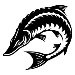Stylized black and white sturgeon illustration in a swirling design pattern