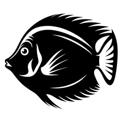 A minimalist black and white design featuring a stylized butterflyfish side view