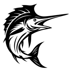Bold black and white illustration of a marlin fish in action