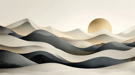 Serene Landscape with Gradient Waves and Gilded Sun Abstract Illustration