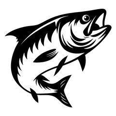 Monochrome illustration of a jumping fish with an open mouth upward position