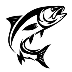 Monochrome Illustration of a Leaping Salmon Fish with Striking Tribal Art Elements