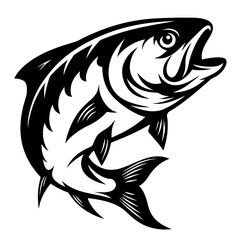 Monochrome illustration of a leaping fish with open mouth in elegant style