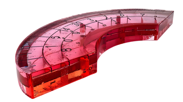 Red curved protractor with closeup.