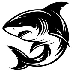 A stylized black and white graphic of a shark swimming towards the viewer