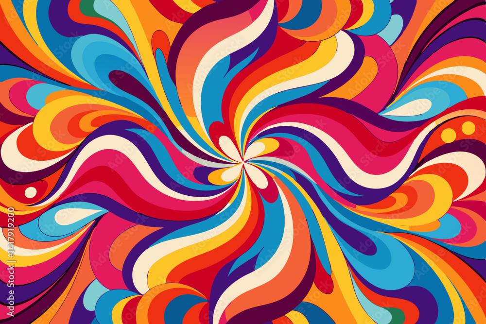 Poster vibrant psychedelic swirl pattern featuring a kaleidoscope of colors in a retro style design element