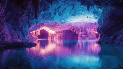Purple And Blue Illuminated Underground Cave With Reflective Water